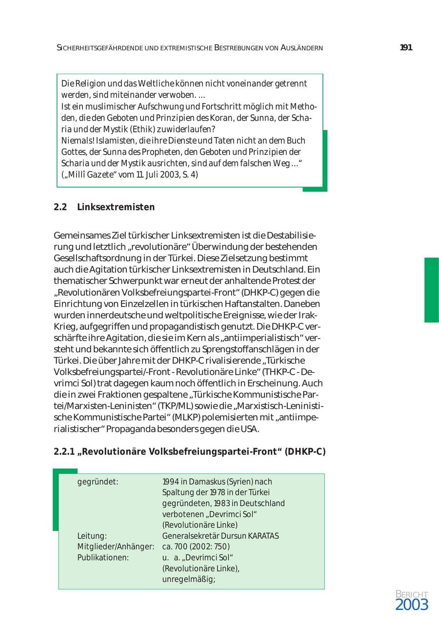 Seite 192 des Verfassungsschutzbericht 2003 Bund