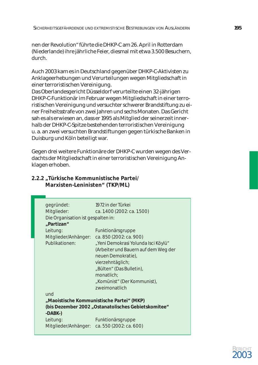 Seite 196 des Verfassungsschutzbericht 2003 Bund