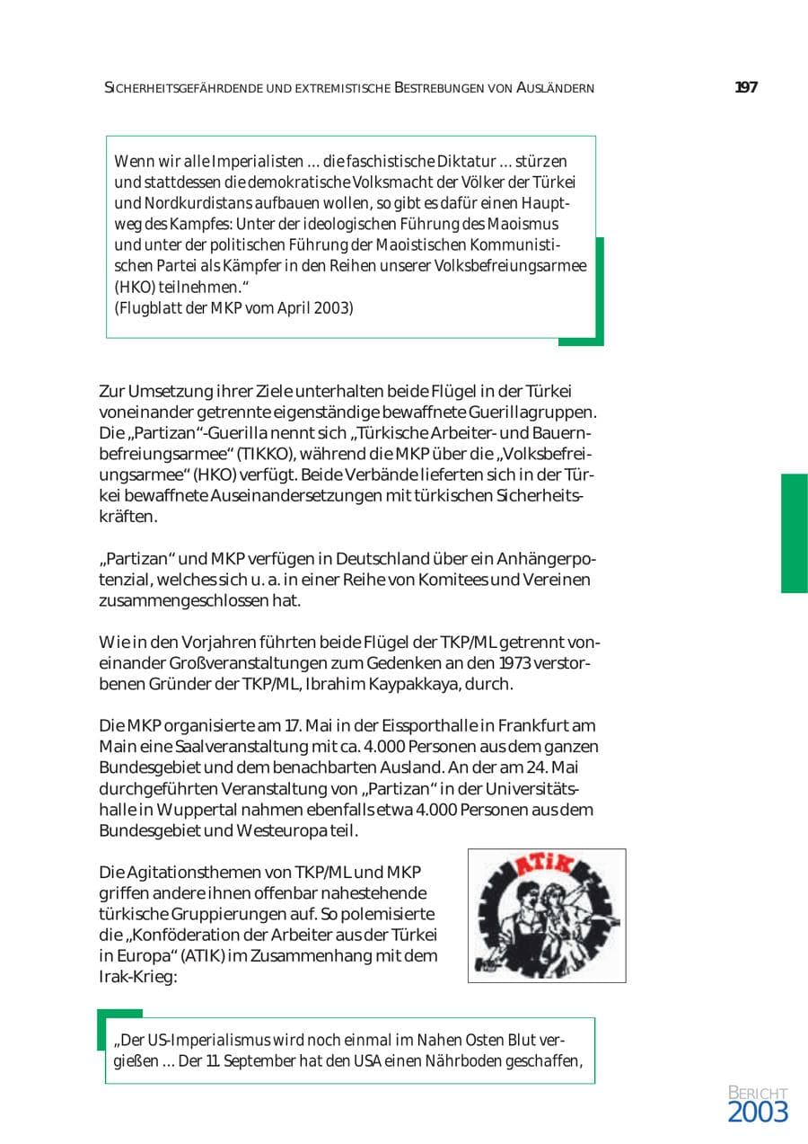 Seite 198 des Verfassungsschutzbericht 2003 Bund