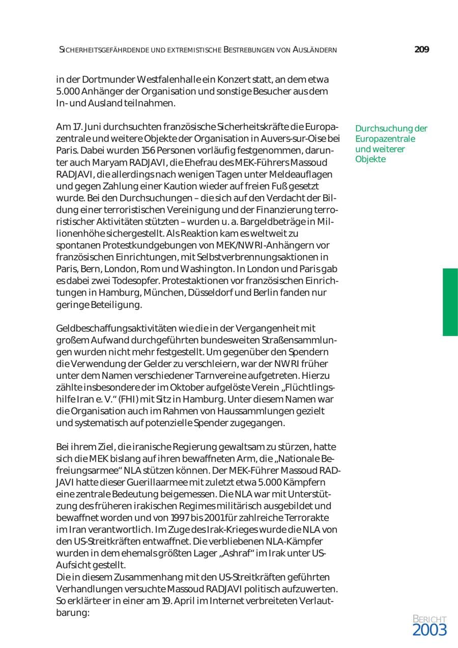 Seite 210 des Verfassungsschutzbericht 2003 Bund