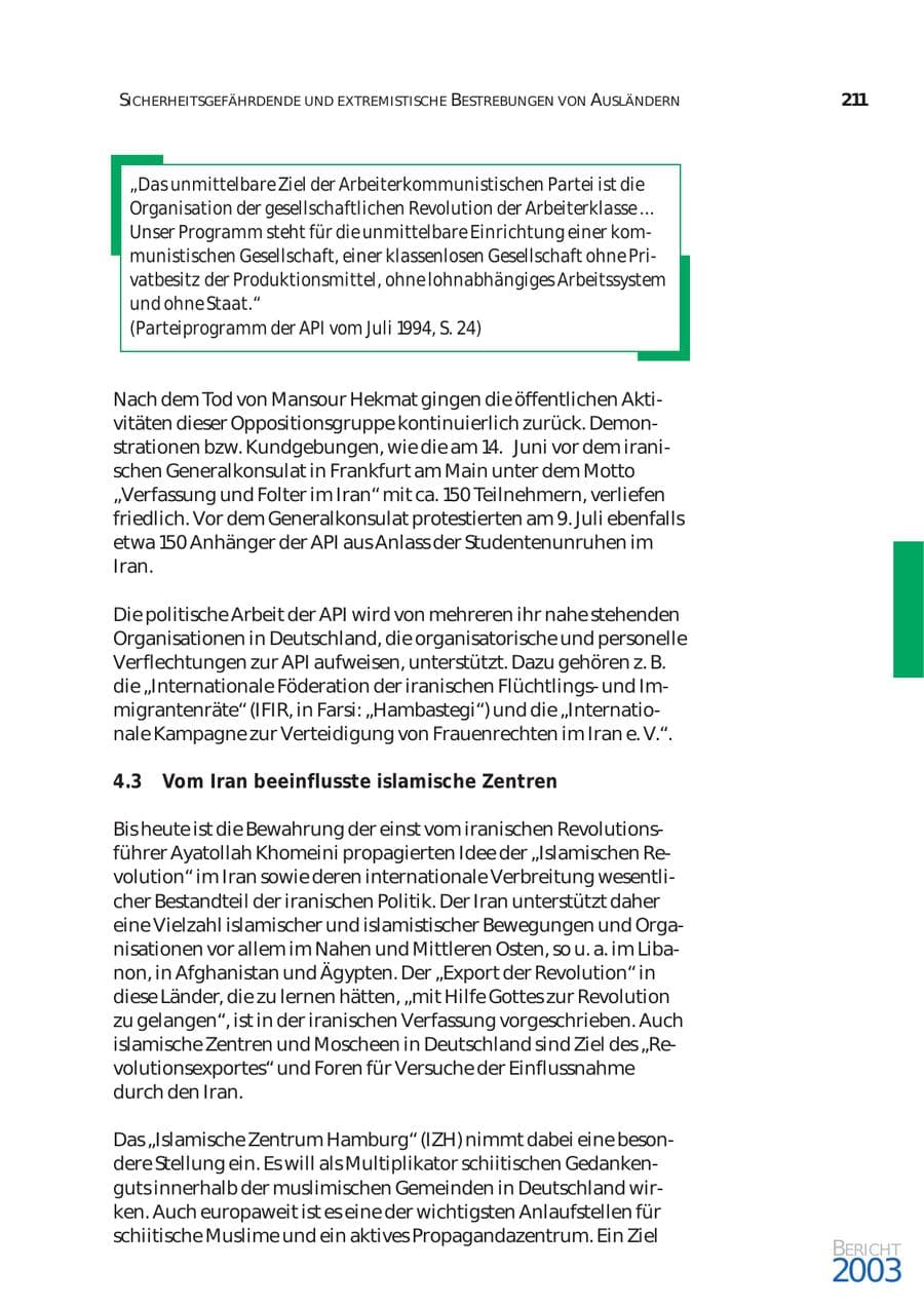 Seite 212 des Verfassungsschutzbericht 2003 Bund