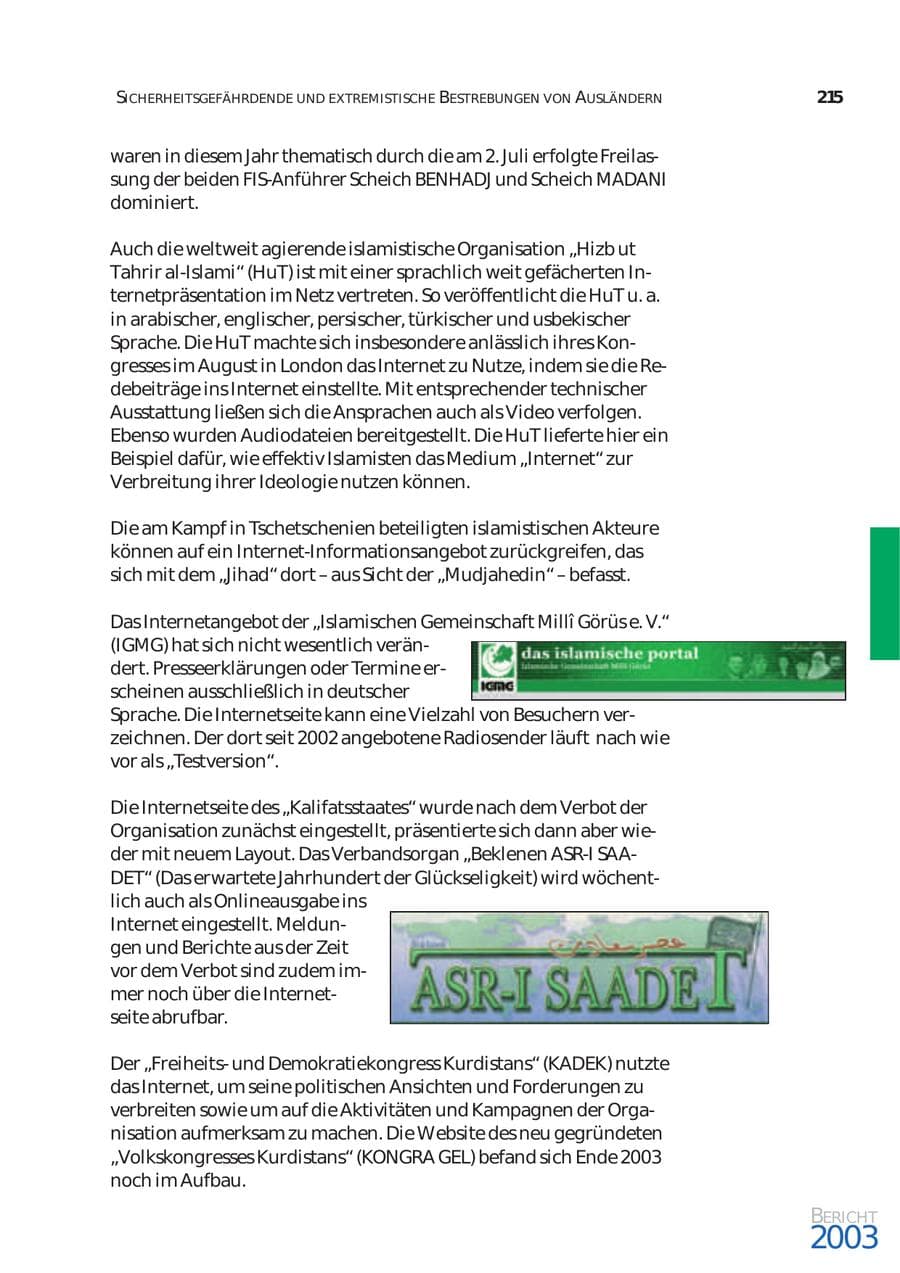 Seite 216 des Verfassungsschutzbericht 2003 Bund
