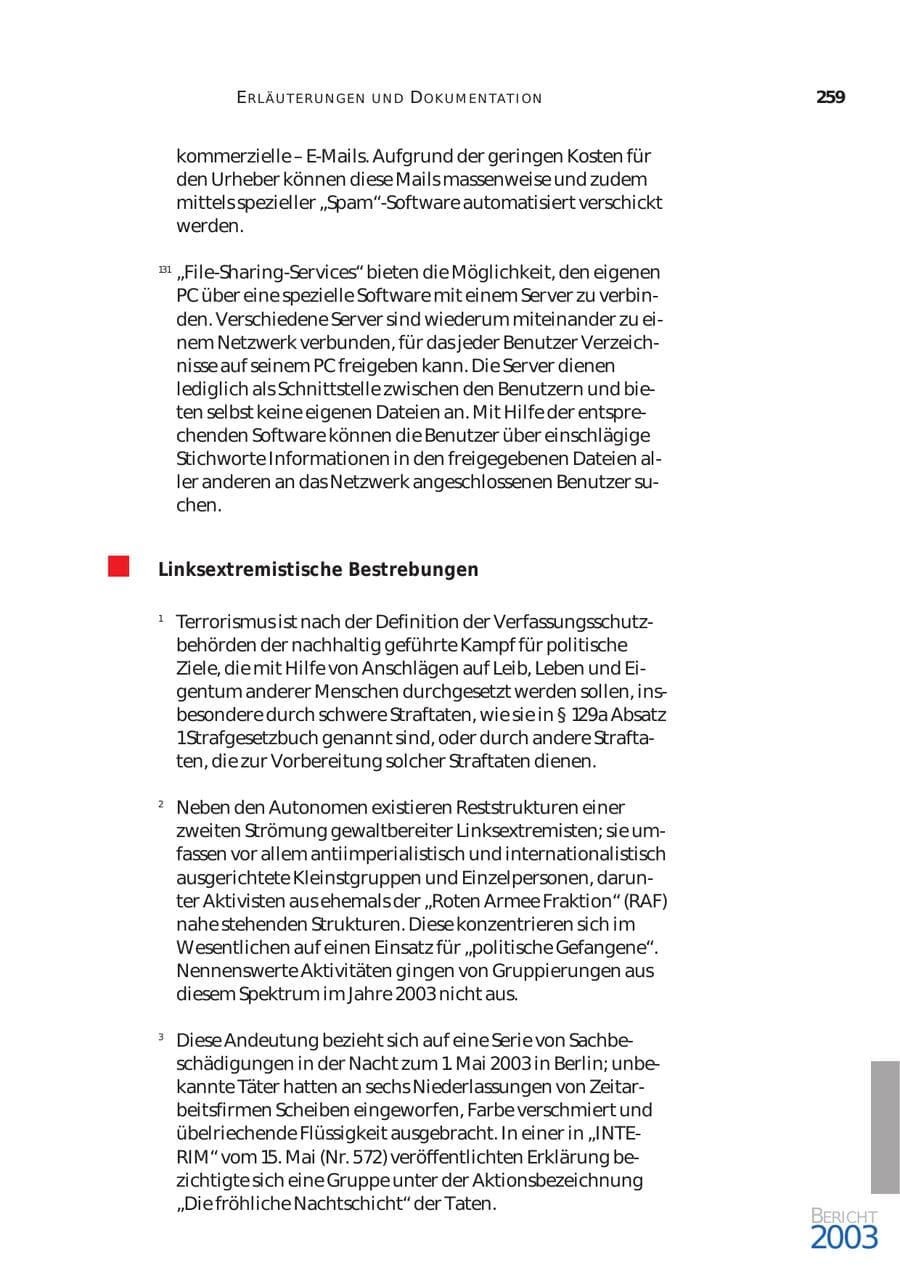 Seite 260 des Verfassungsschutzbericht 2003 Bund