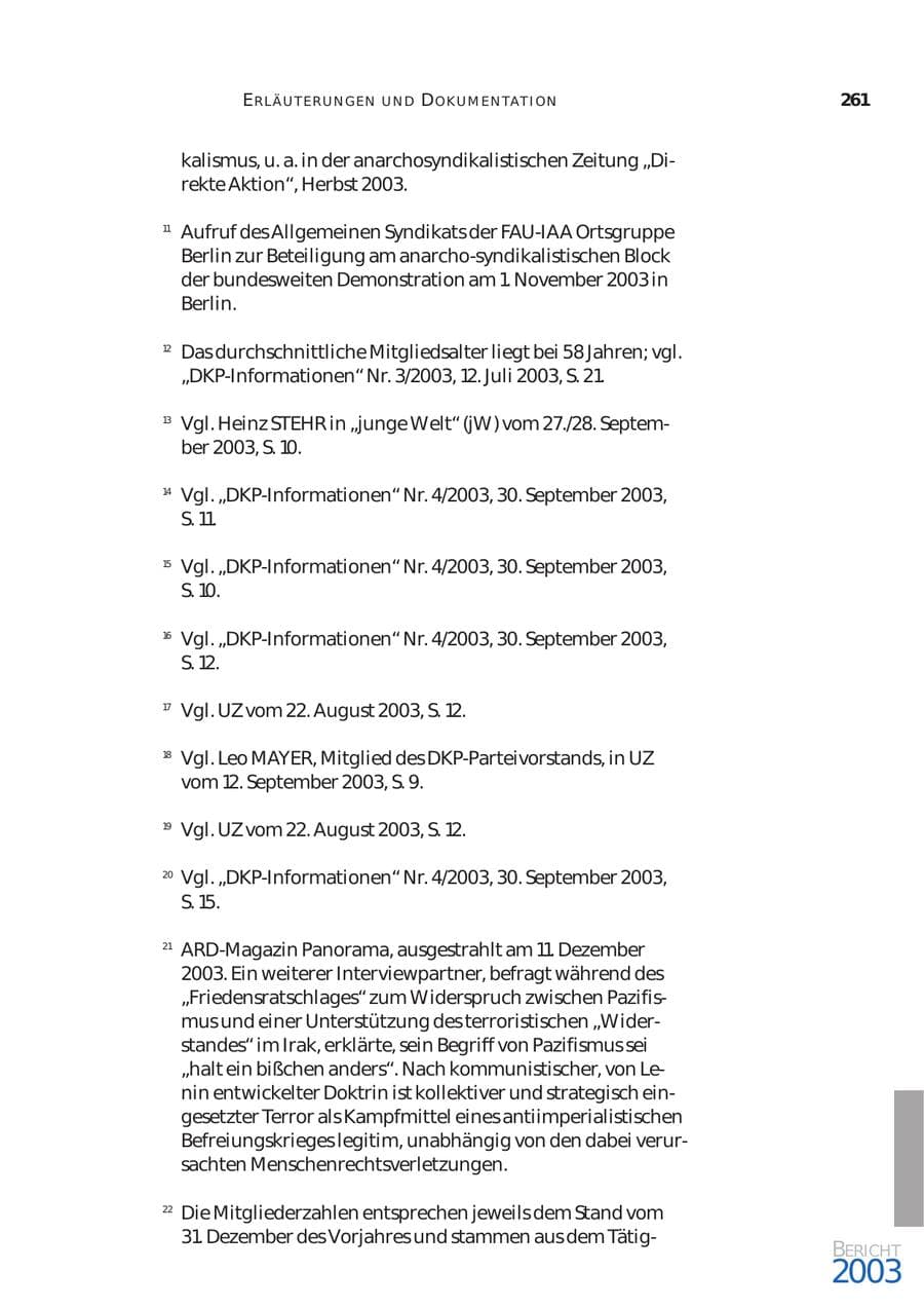 Seite 262 des Verfassungsschutzbericht 2003 Bund