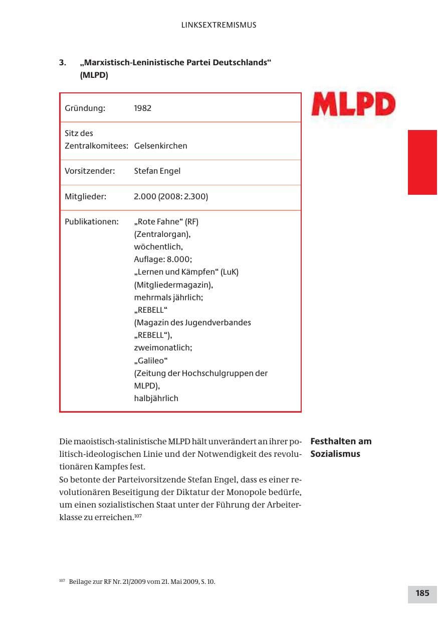 Seite 185 des Verfassungsschutzbericht 2009 Bund