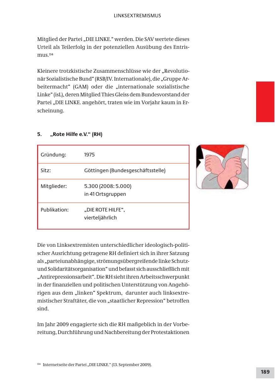 Seite 189 des Verfassungsschutzbericht 2009 Bund
