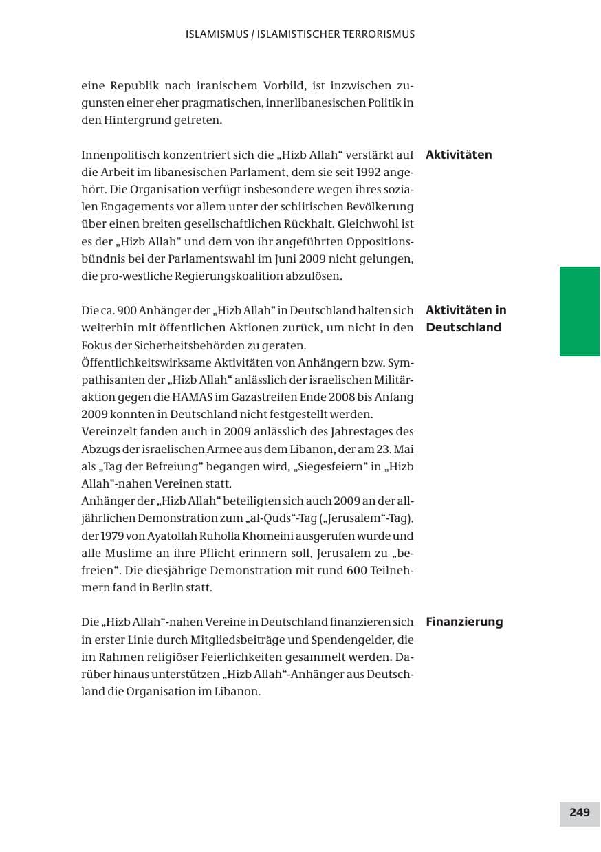 Seite 249 des Verfassungsschutzbericht 2009 Bund