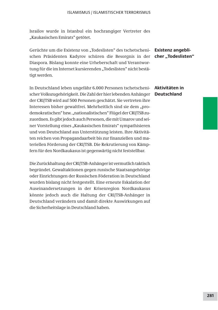 Seite 281 des Verfassungsschutzbericht 2009 Bund