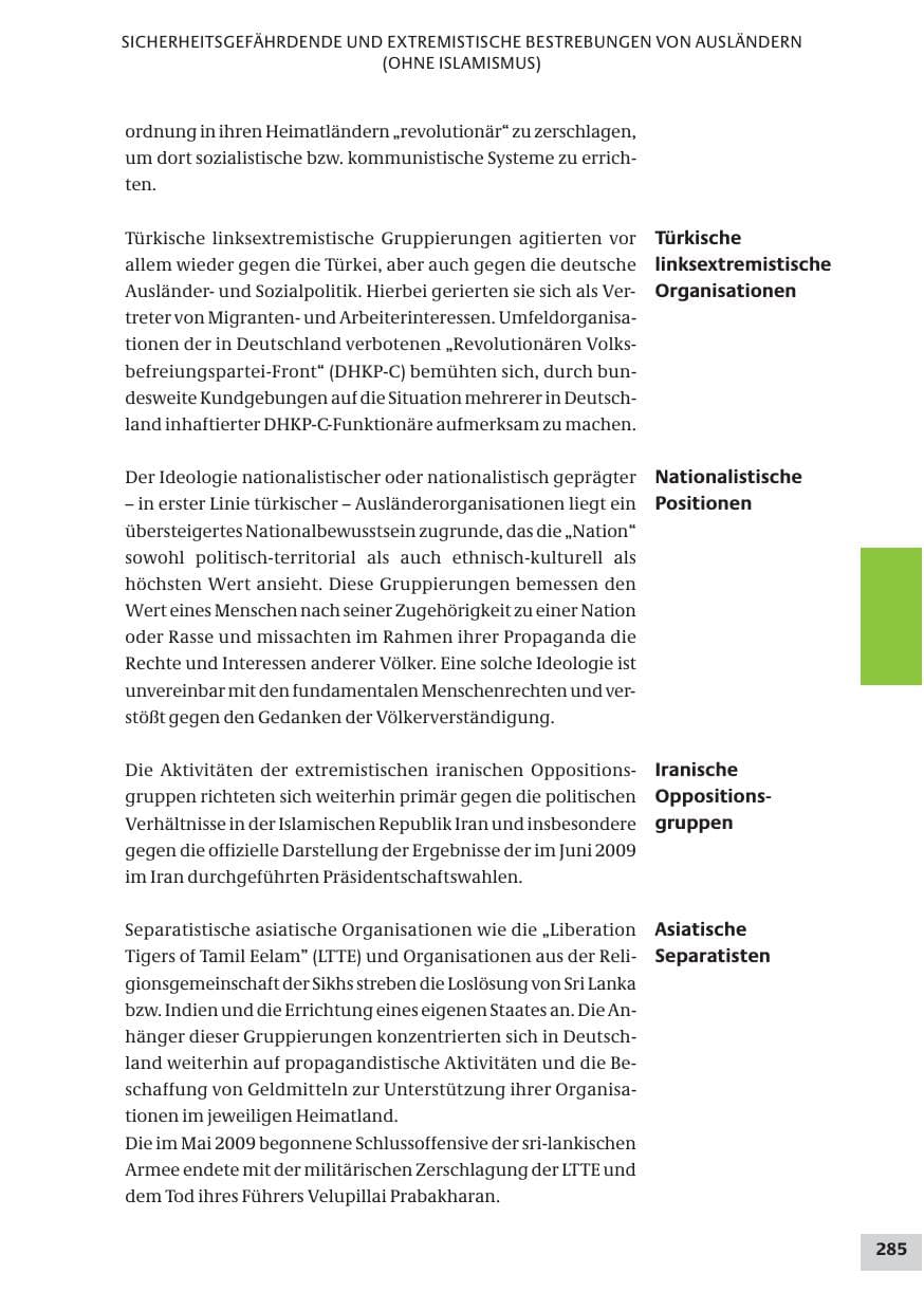 Seite 285 des Verfassungsschutzbericht 2009 Bund