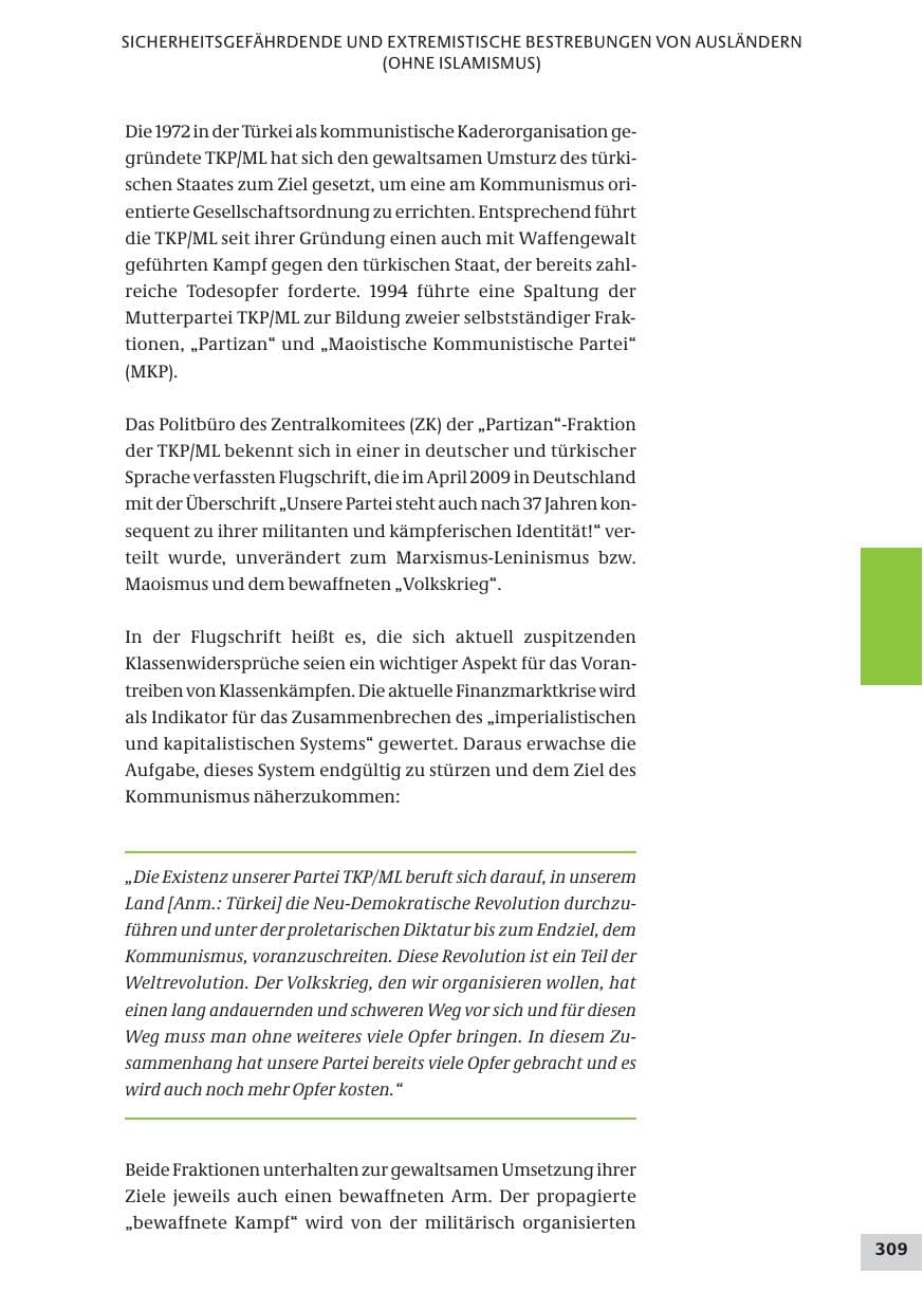Seite 309 des Verfassungsschutzbericht 2009 Bund