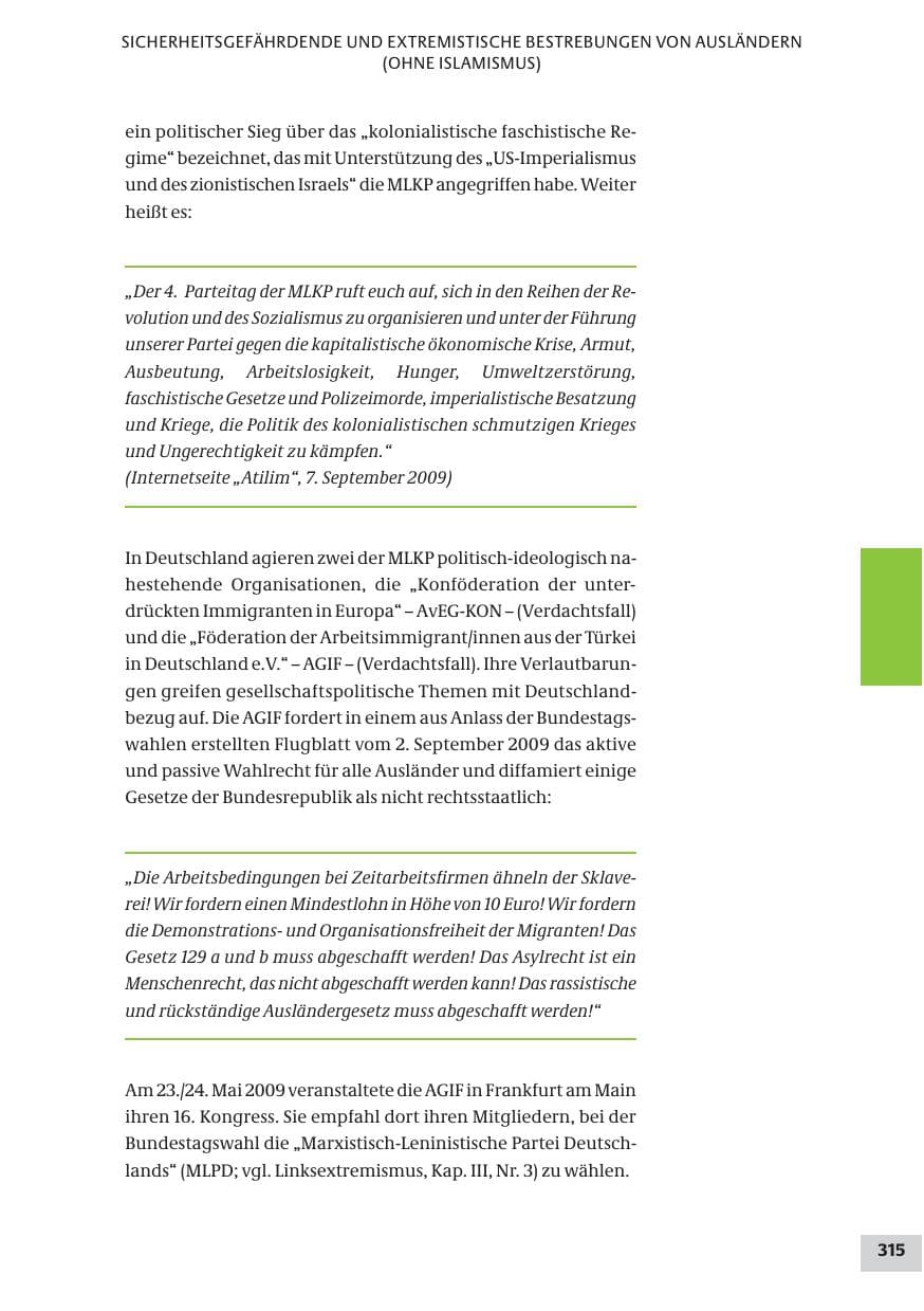 Seite 315 des Verfassungsschutzbericht 2009 Bund