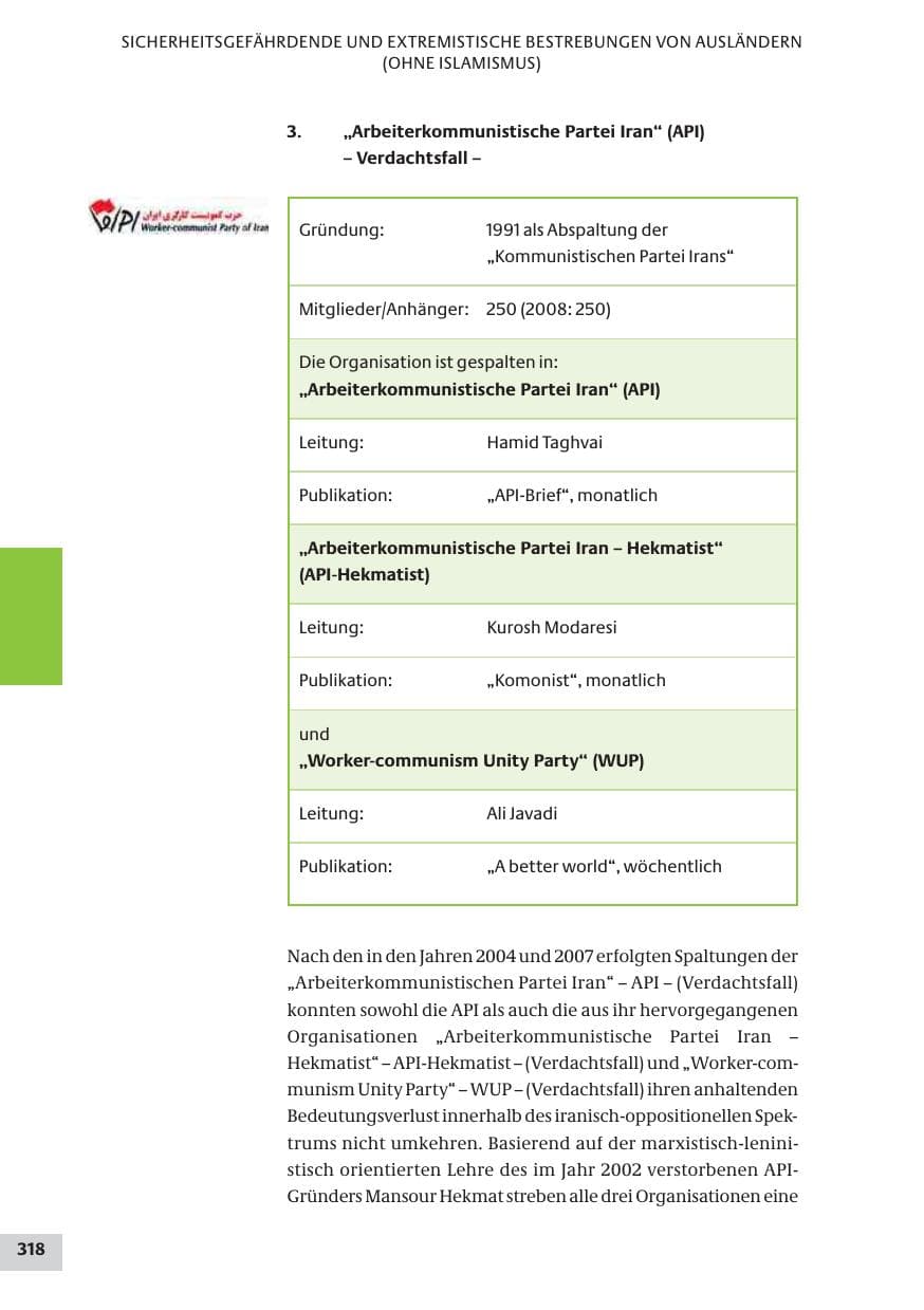 Seite 318 des Verfassungsschutzbericht 2009 Bund