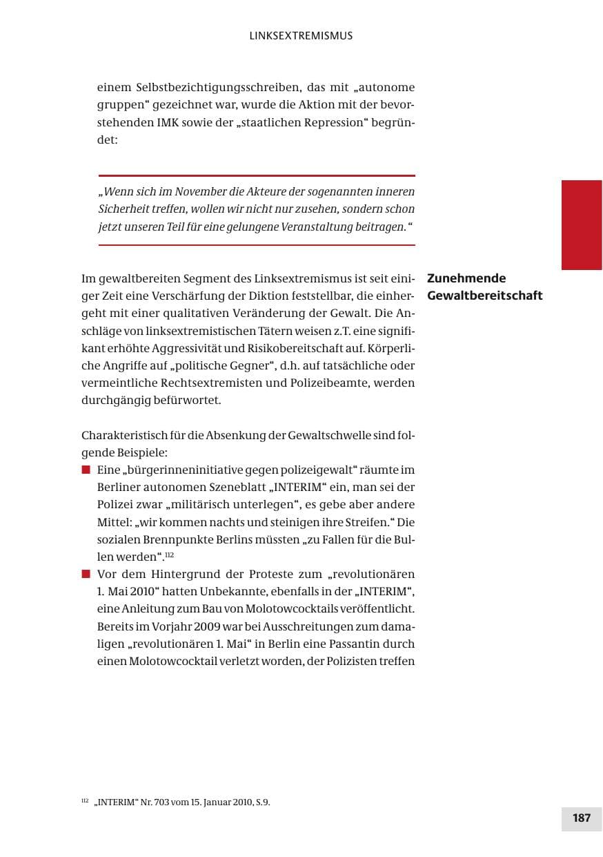 Seite 187 des Verfassungsschutzbericht 2010 Bund