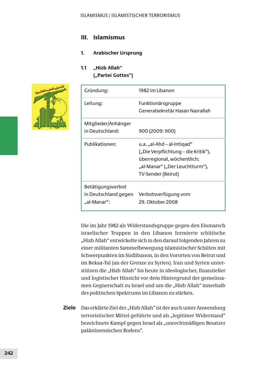 Seite 242 des Verfassungsschutzbericht 2010 Bund
