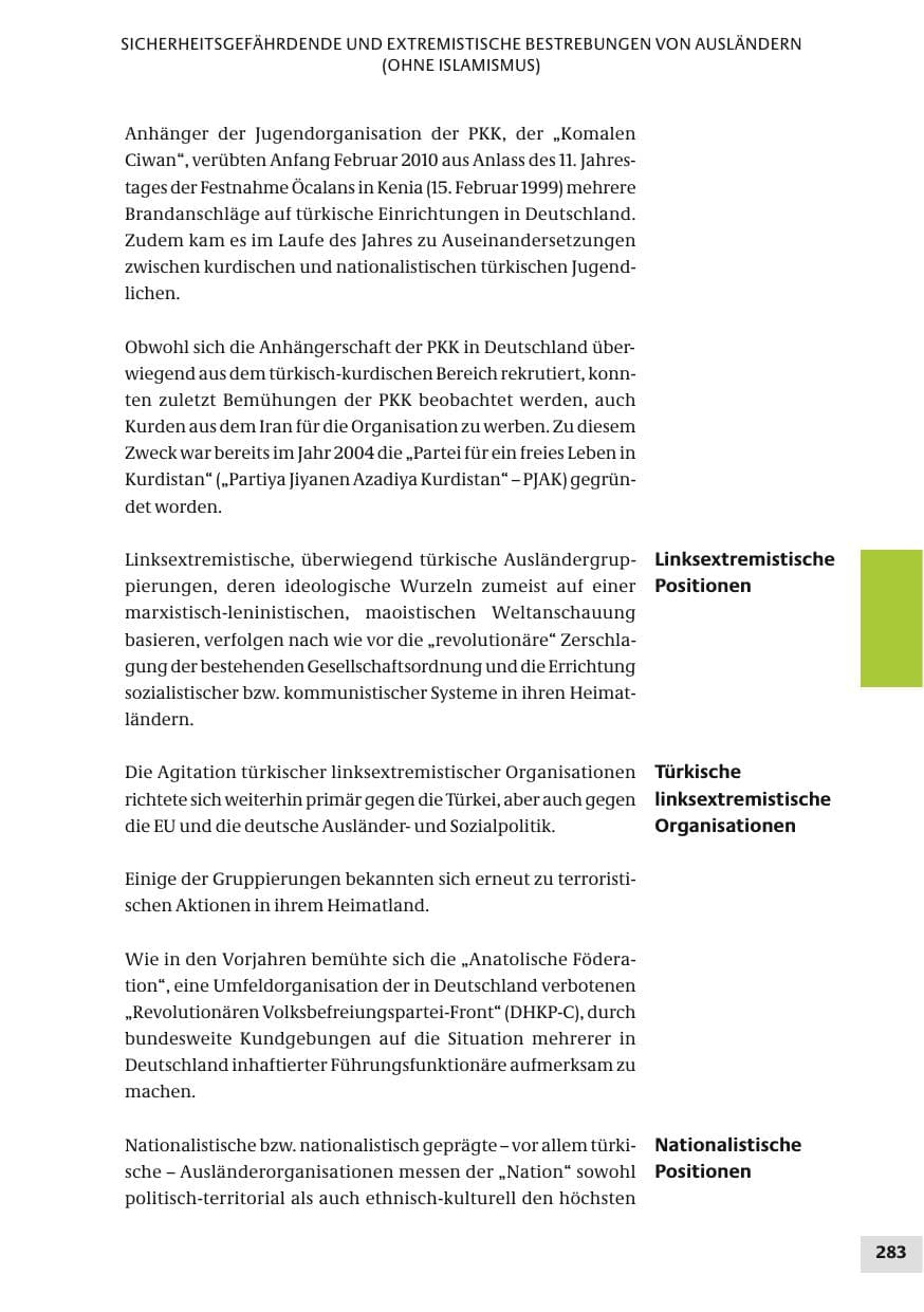 Seite 283 des Verfassungsschutzbericht 2010 Bund