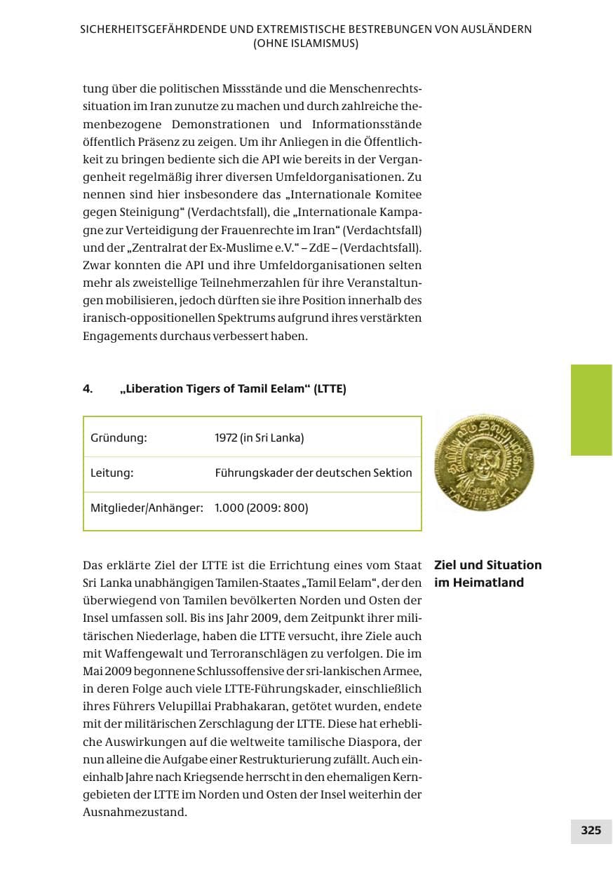 Seite 325 des Verfassungsschutzbericht 2010 Bund