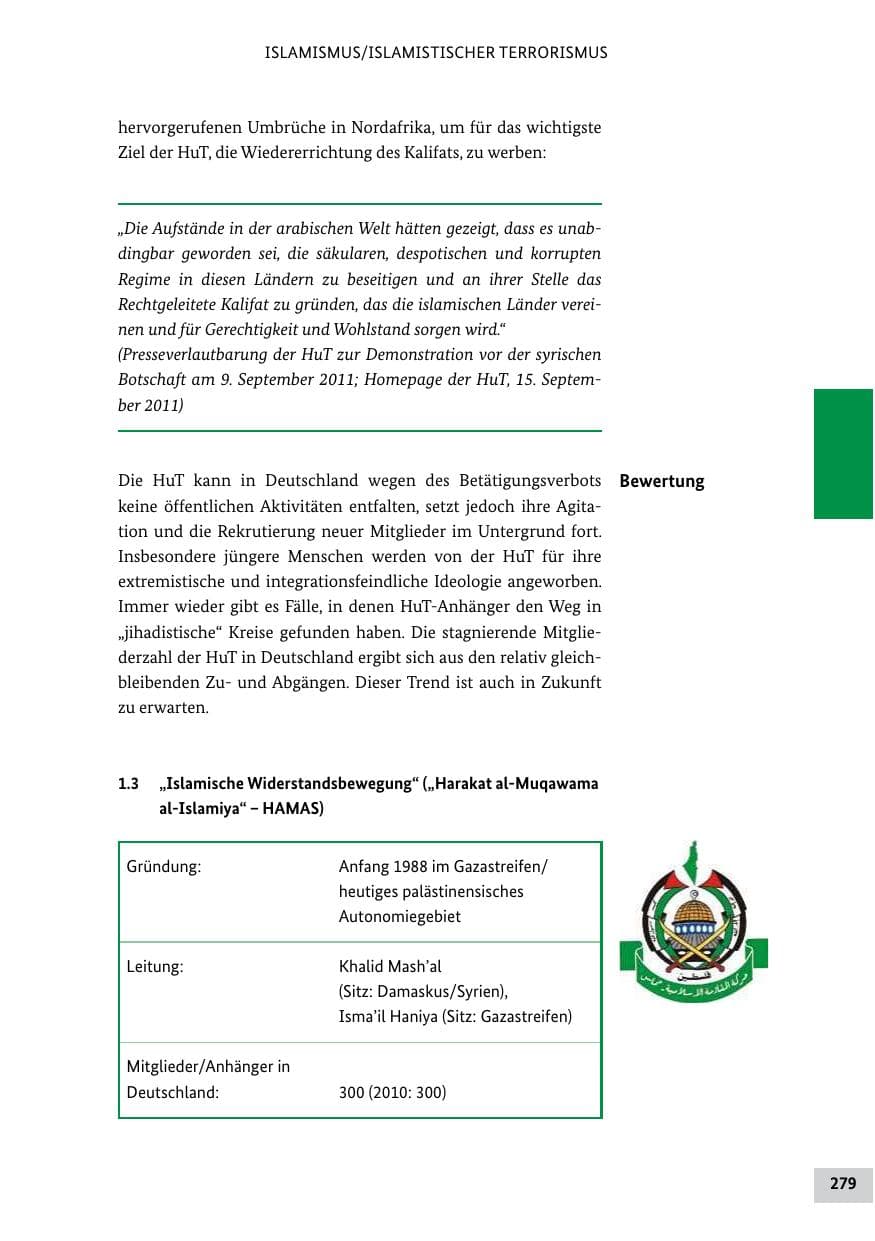 Seite 278 des Verfassungsschutzbericht 2011 Bund
