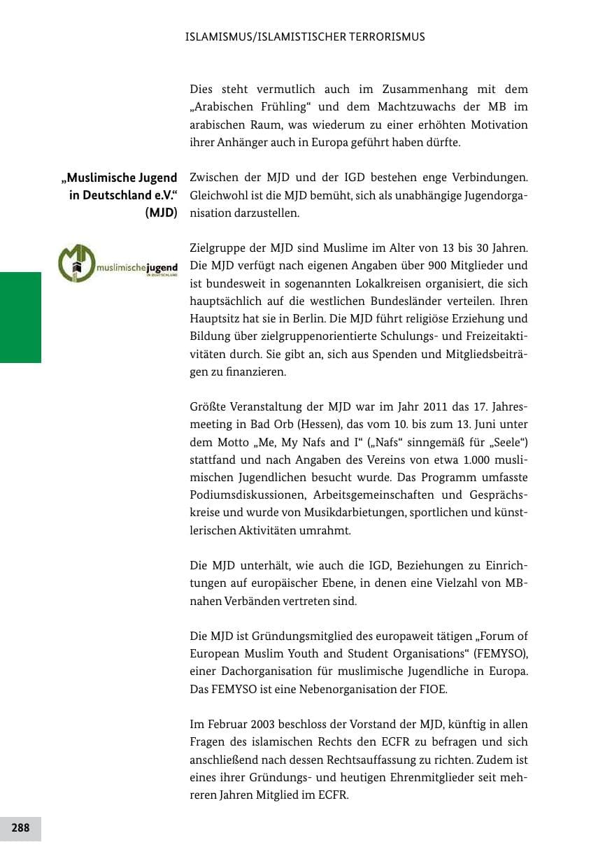 Seite 287 des Verfassungsschutzbericht 2011 Bund