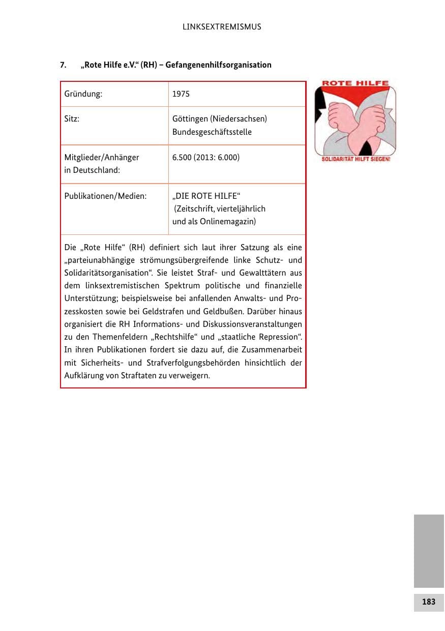 Seite 182 des Verfassungsschutzbericht 2014 Bund