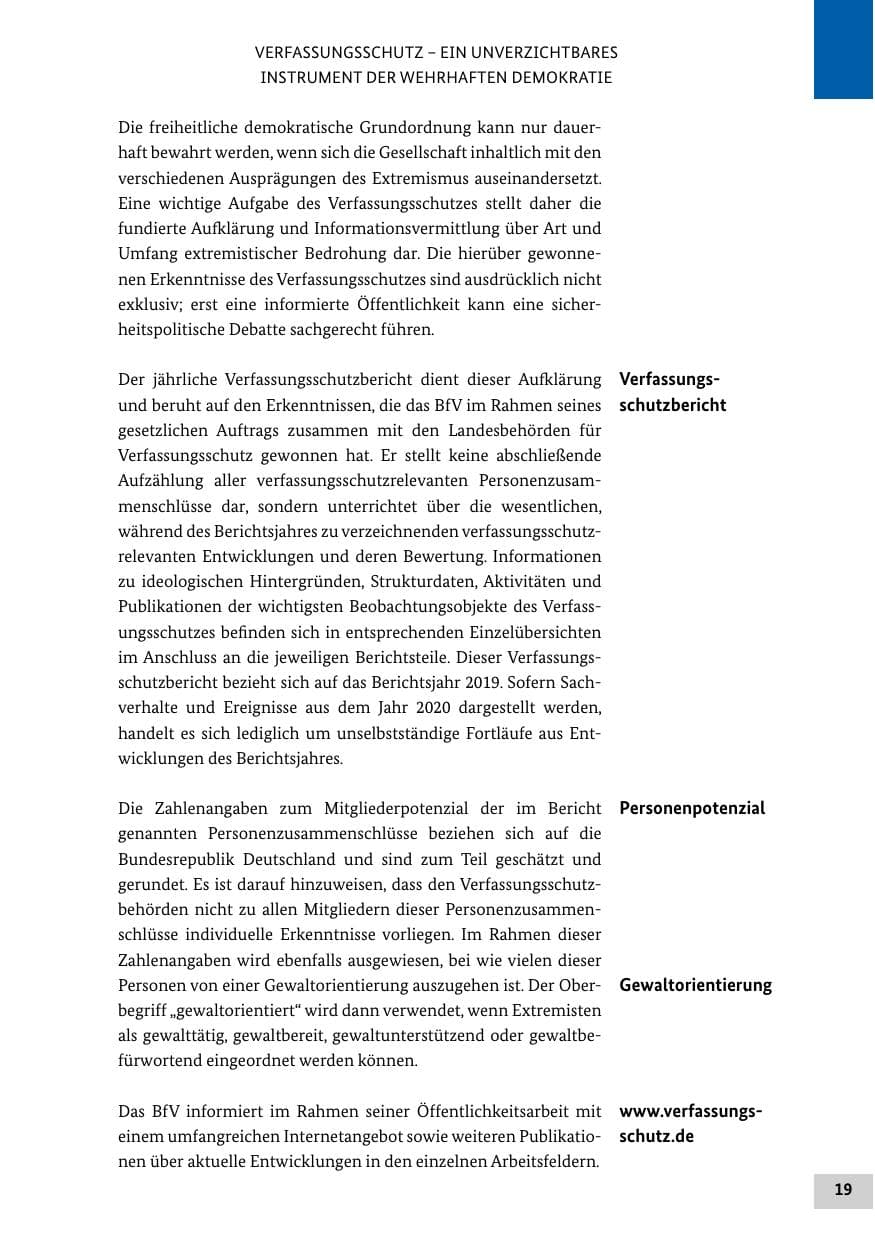 Seite 19 des Verfassungsschutzbericht 2019 Bund