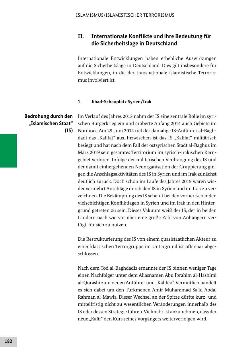 Seite 182 des Verfassungsschutzbericht 2019 Bund