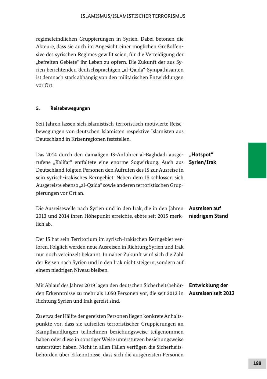 Seite 189 des Verfassungsschutzbericht 2019 Bund
