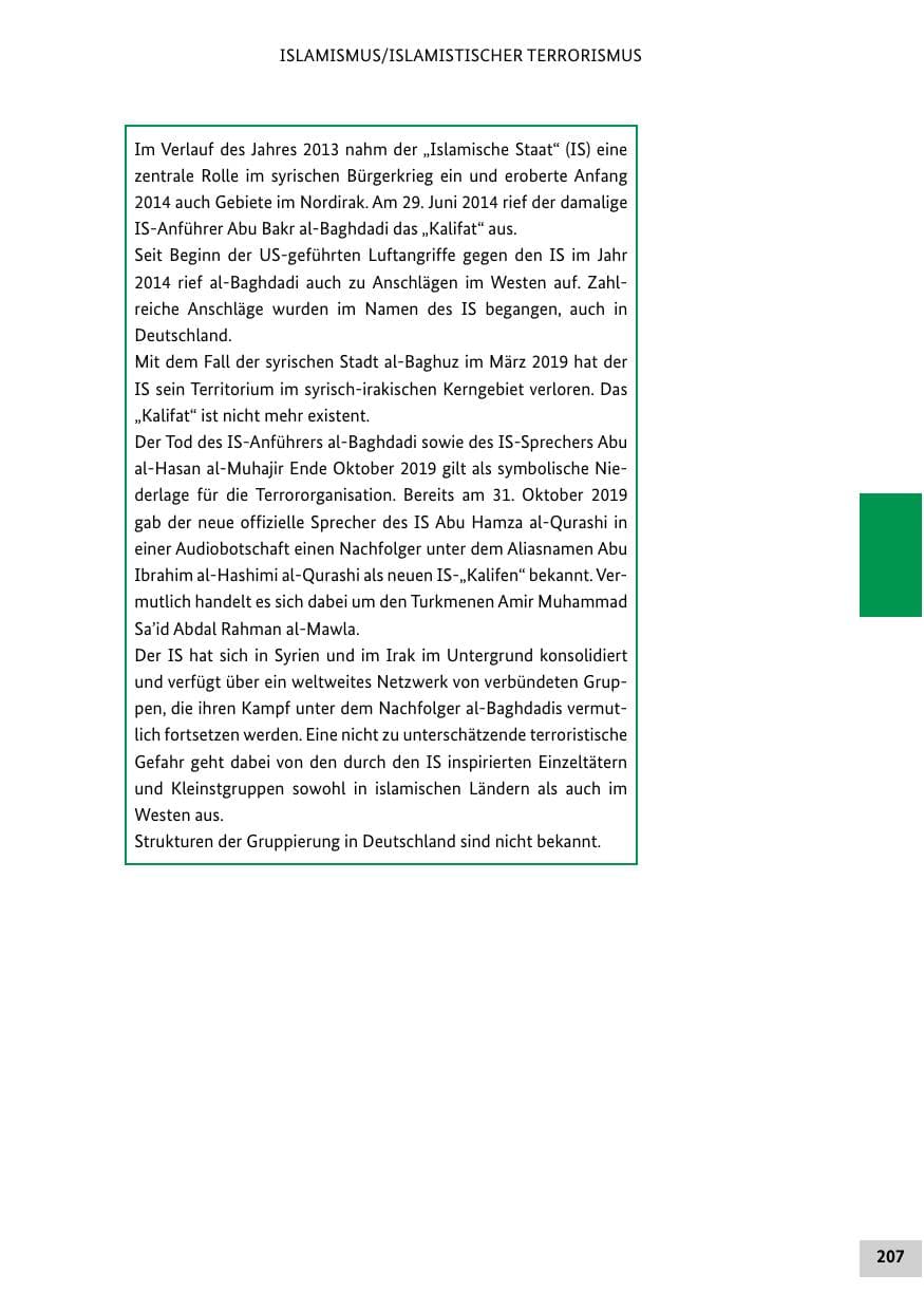 Seite 207 des Verfassungsschutzbericht 2019 Bund