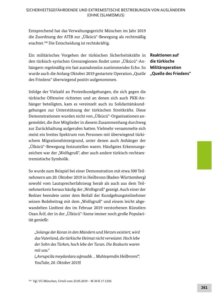 Seite 261 des Verfassungsschutzbericht 2019 Bund