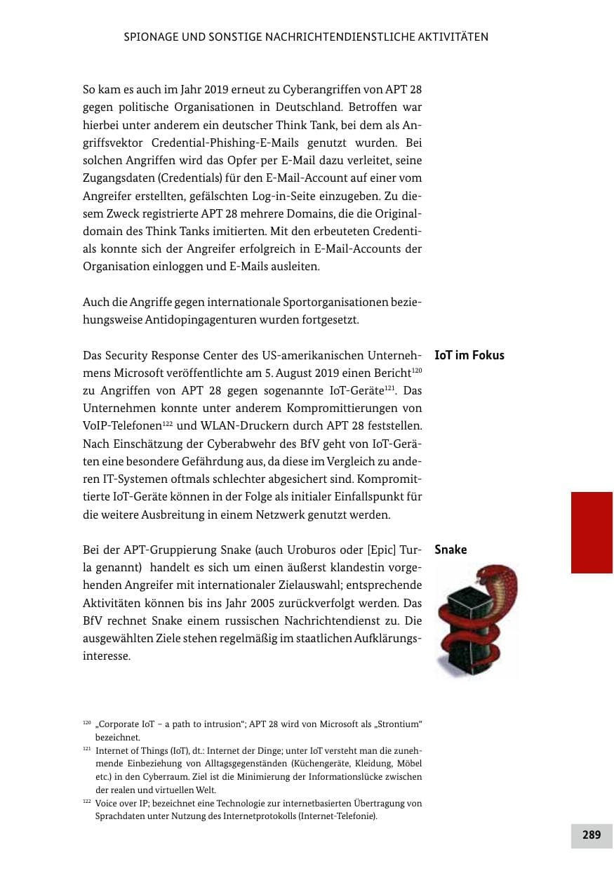 Seite 289 des Verfassungsschutzbericht 2019 Bund