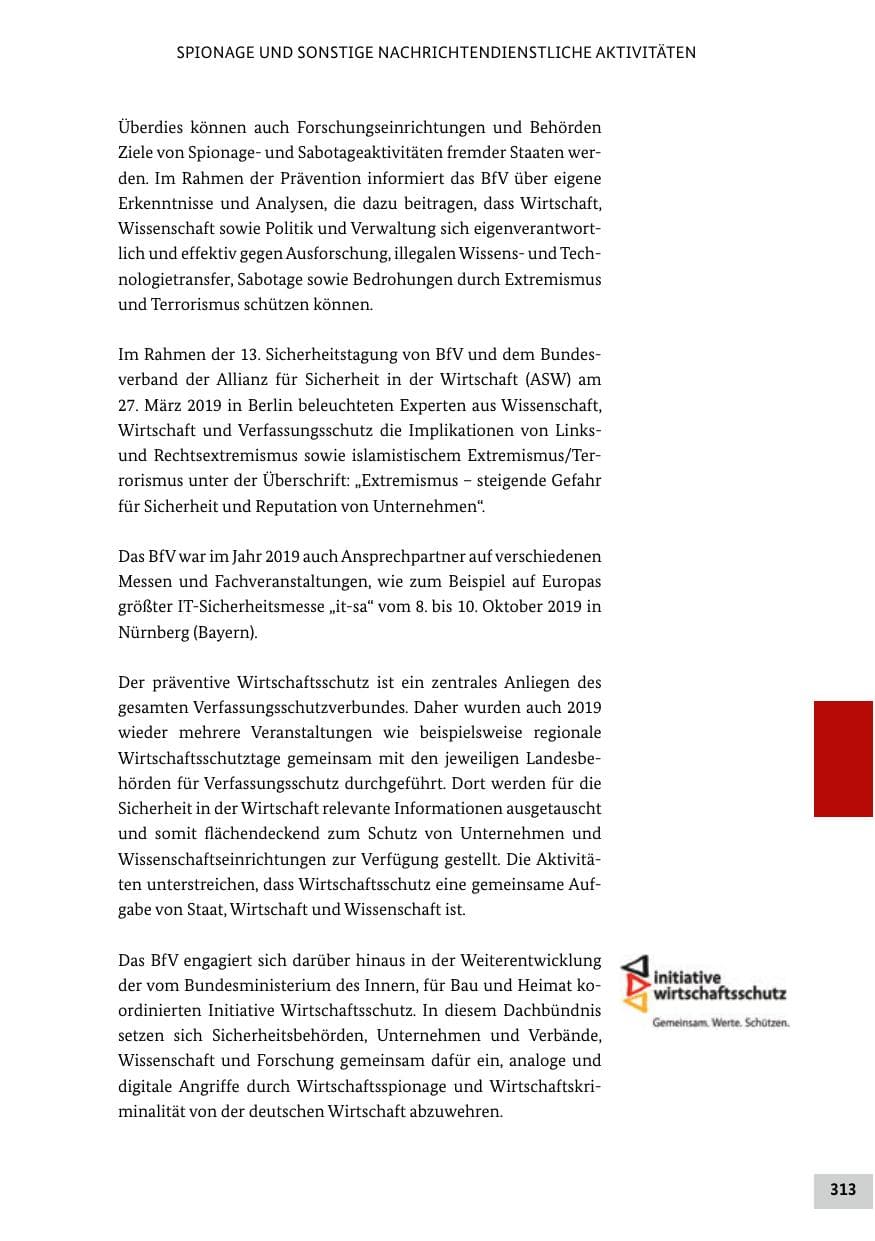 Seite 313 des Verfassungsschutzbericht 2019 Bund