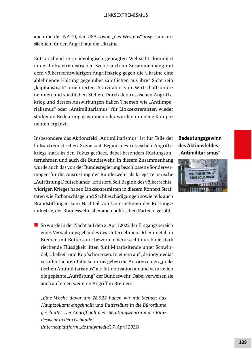 Seite 139 des Verfassungsschutzbericht 2022 Bund