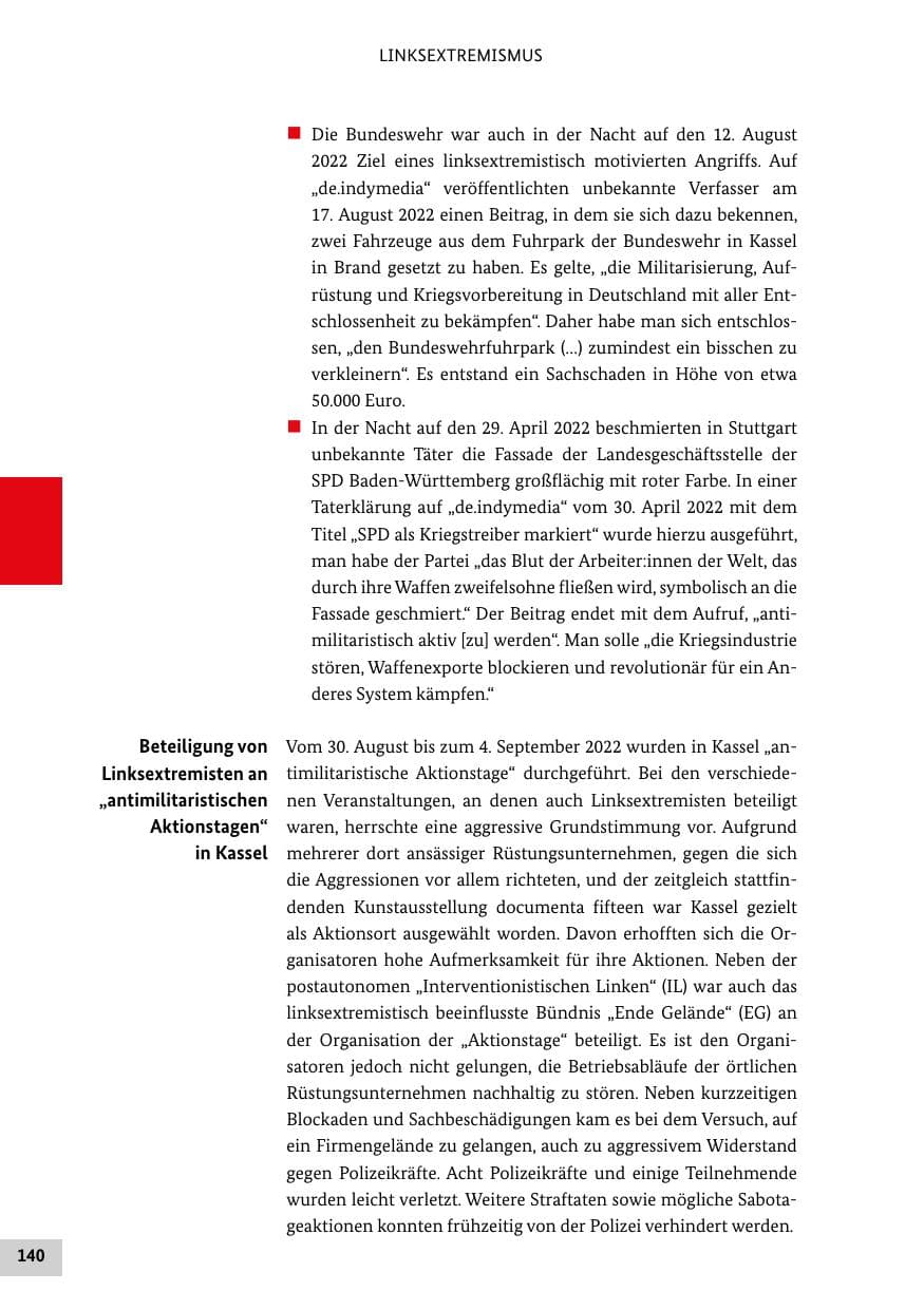 Seite 140 des Verfassungsschutzbericht 2022 Bund