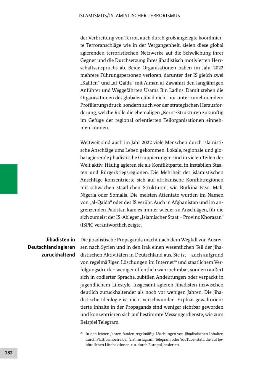 Seite 182 des Verfassungsschutzbericht 2022 Bund