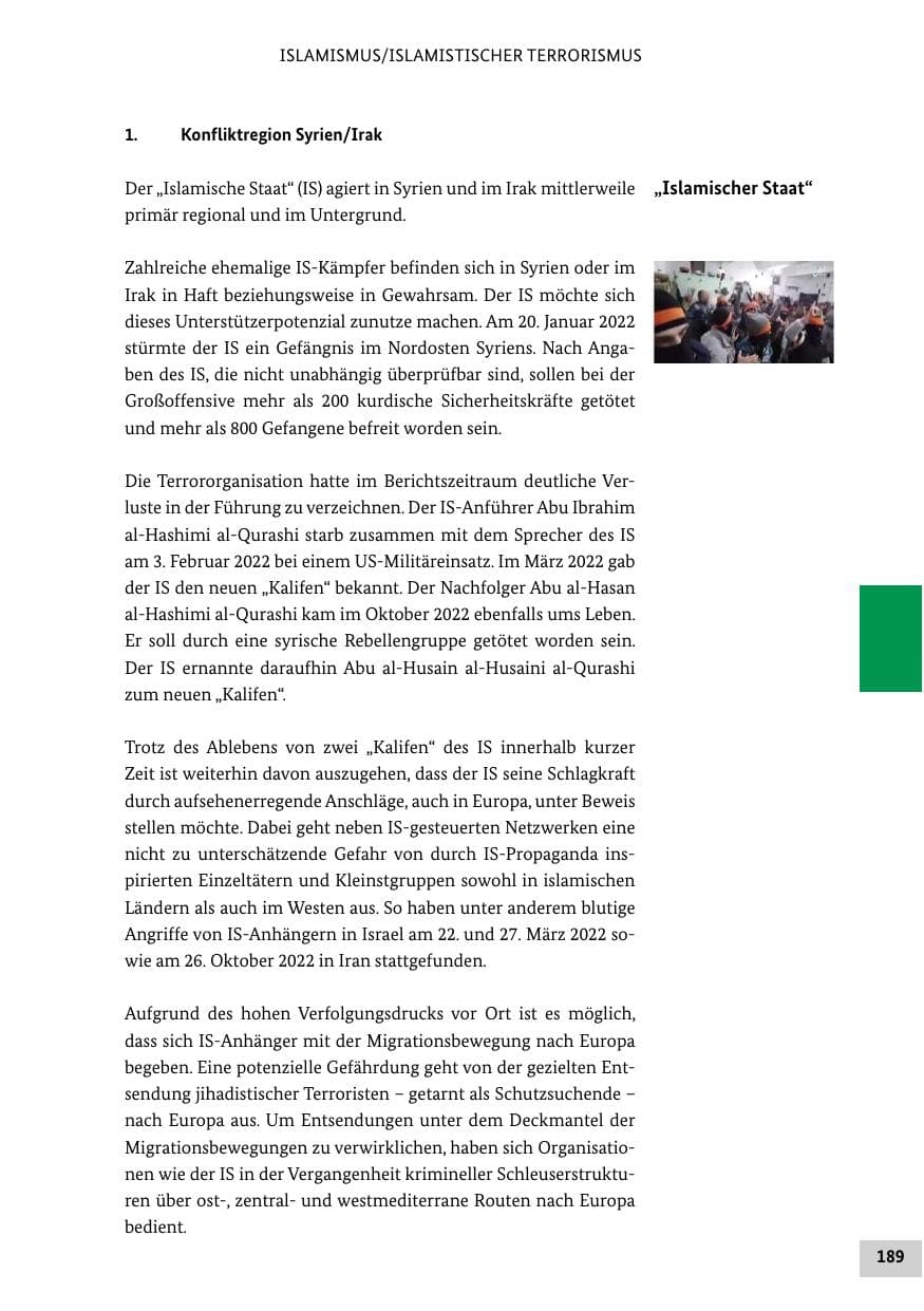 Seite 189 des Verfassungsschutzbericht 2022 Bund