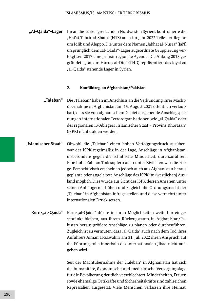Seite 190 des Verfassungsschutzbericht 2022 Bund