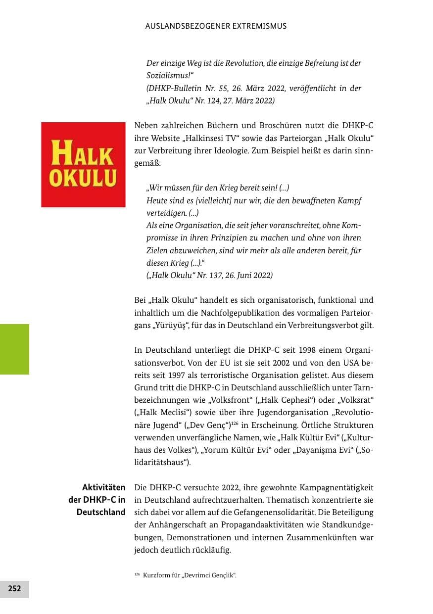 Seite 252 des Verfassungsschutzbericht 2022 Bund