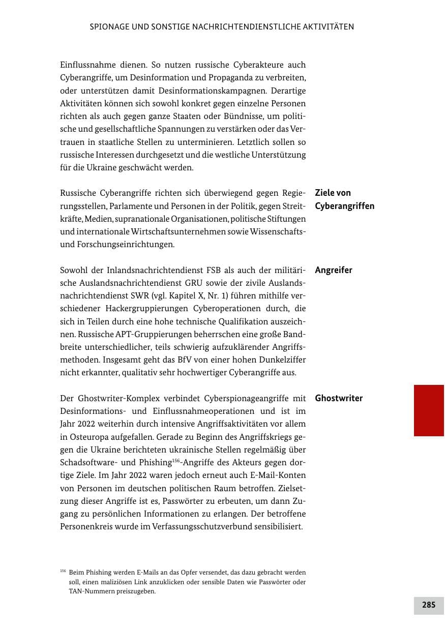 Seite 285 des Verfassungsschutzbericht 2022 Bund