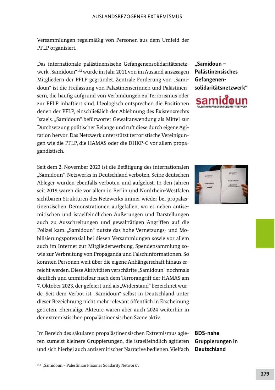 Seite 279 des Verfassungsschutzbericht 2024 Bund