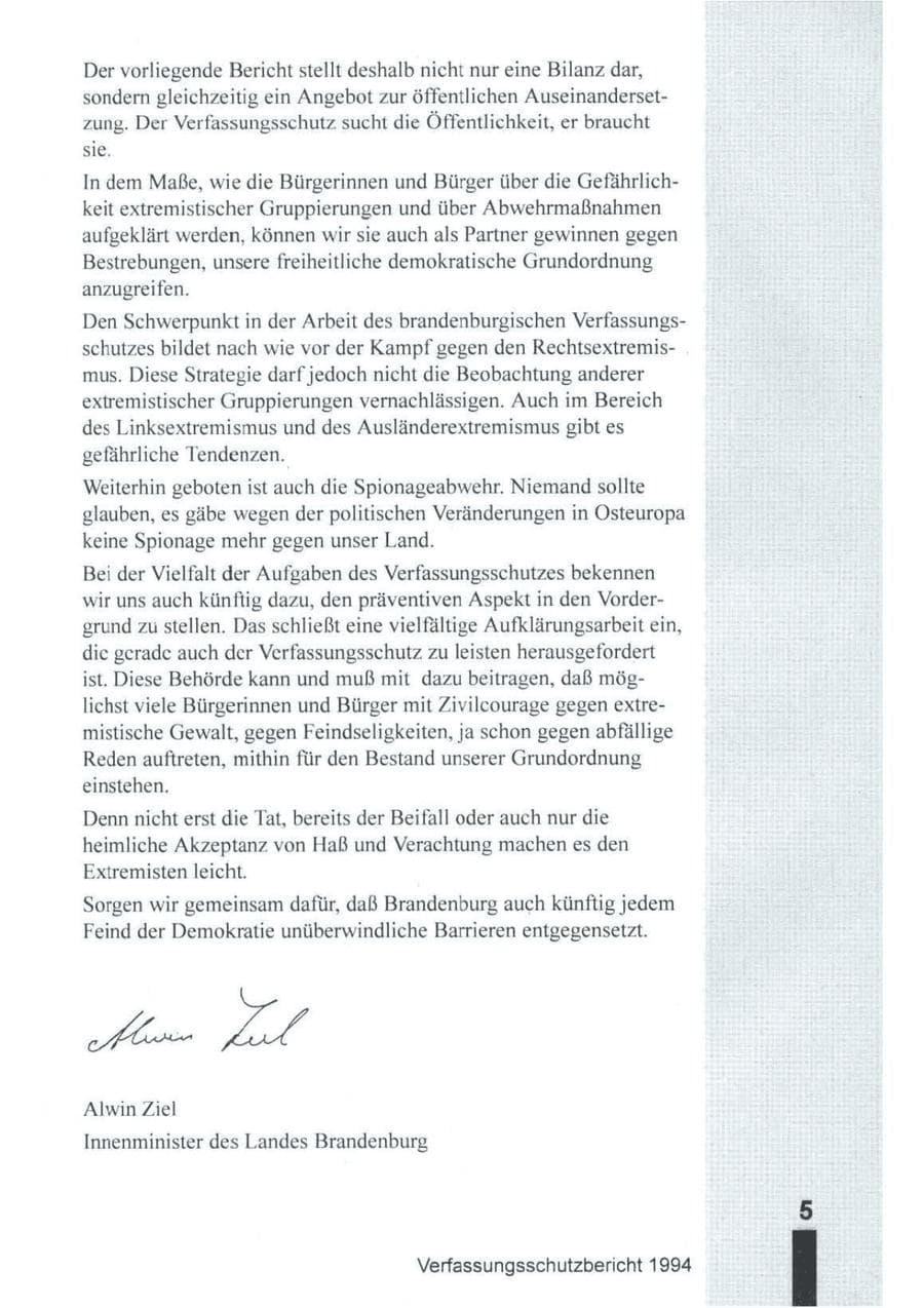 Seite 6 des Verfassungsschutzbericht 1994 Brandenburg