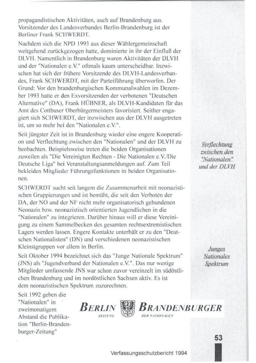 Seite 54 des Verfassungsschutzbericht 1994 Brandenburg