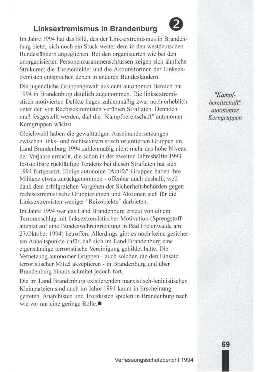 Seite 70 des Verfassungsschutzbericht 1994 Brandenburg