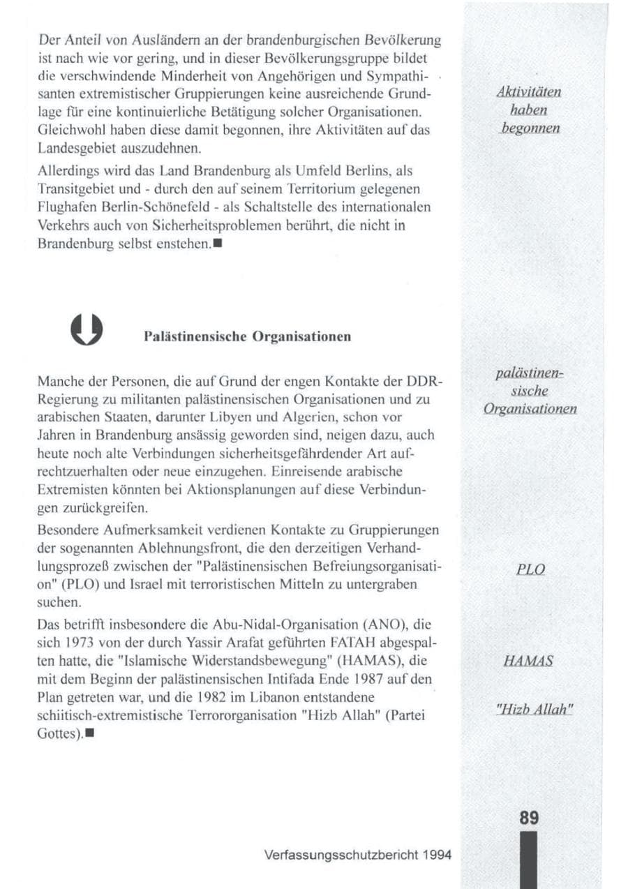 Seite 90 des Verfassungsschutzbericht 1994 Brandenburg
