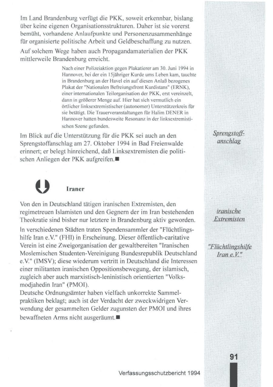 Seite 92 des Verfassungsschutzbericht 1994 Brandenburg