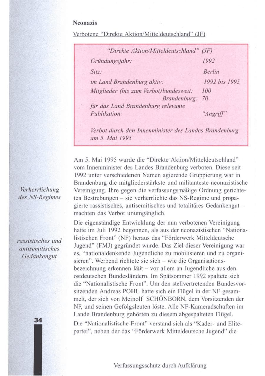 Seite 36 des Verfassungsschutzbericht 1995 Brandenburg