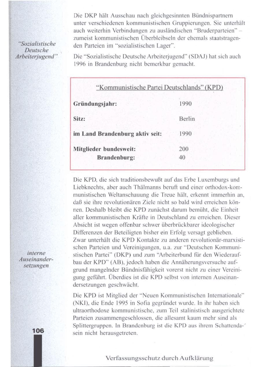 Seite 108 des Verfassungsschutzbericht 1996 Brandenburg