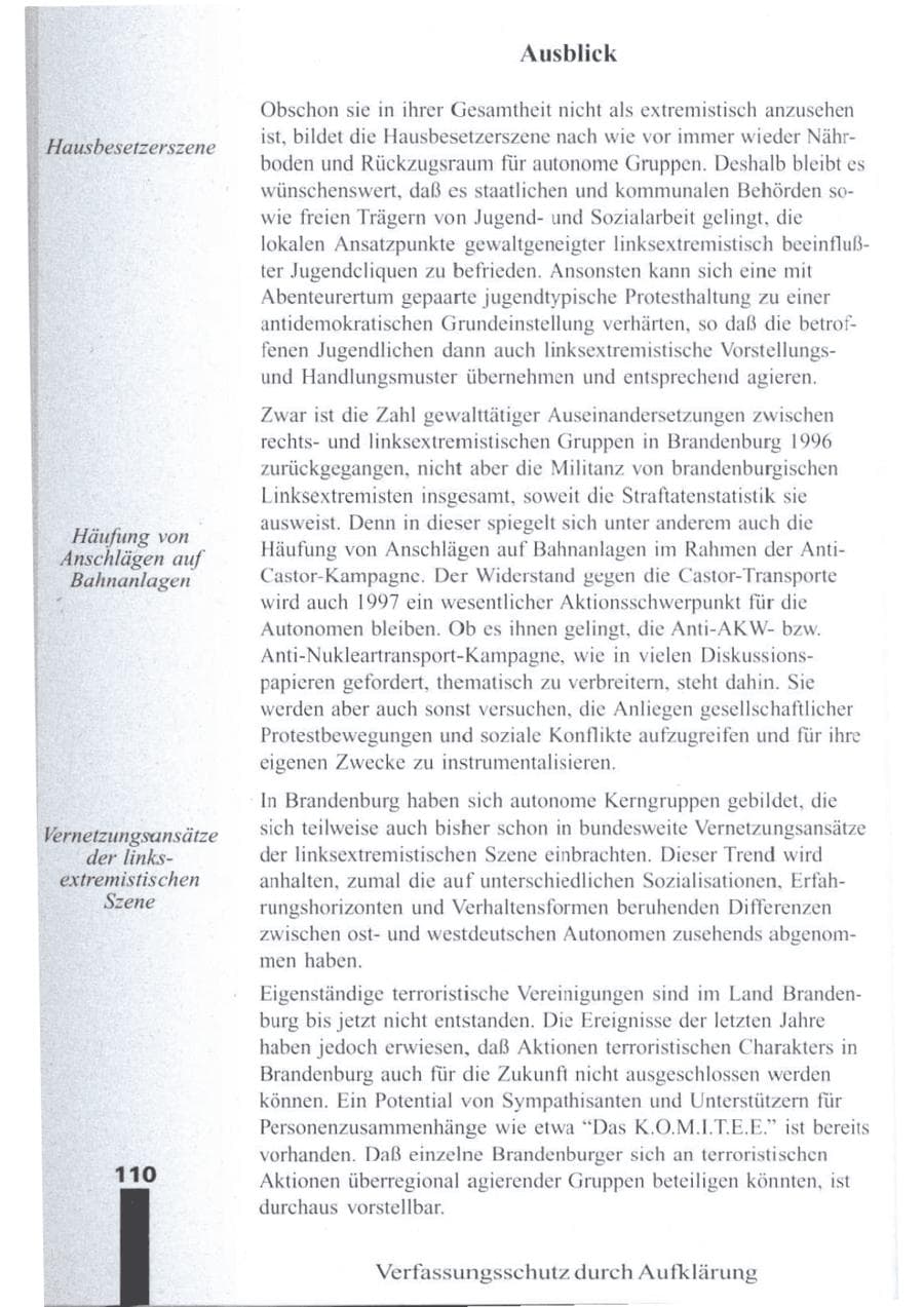 Seite 112 des Verfassungsschutzbericht 1996 Brandenburg