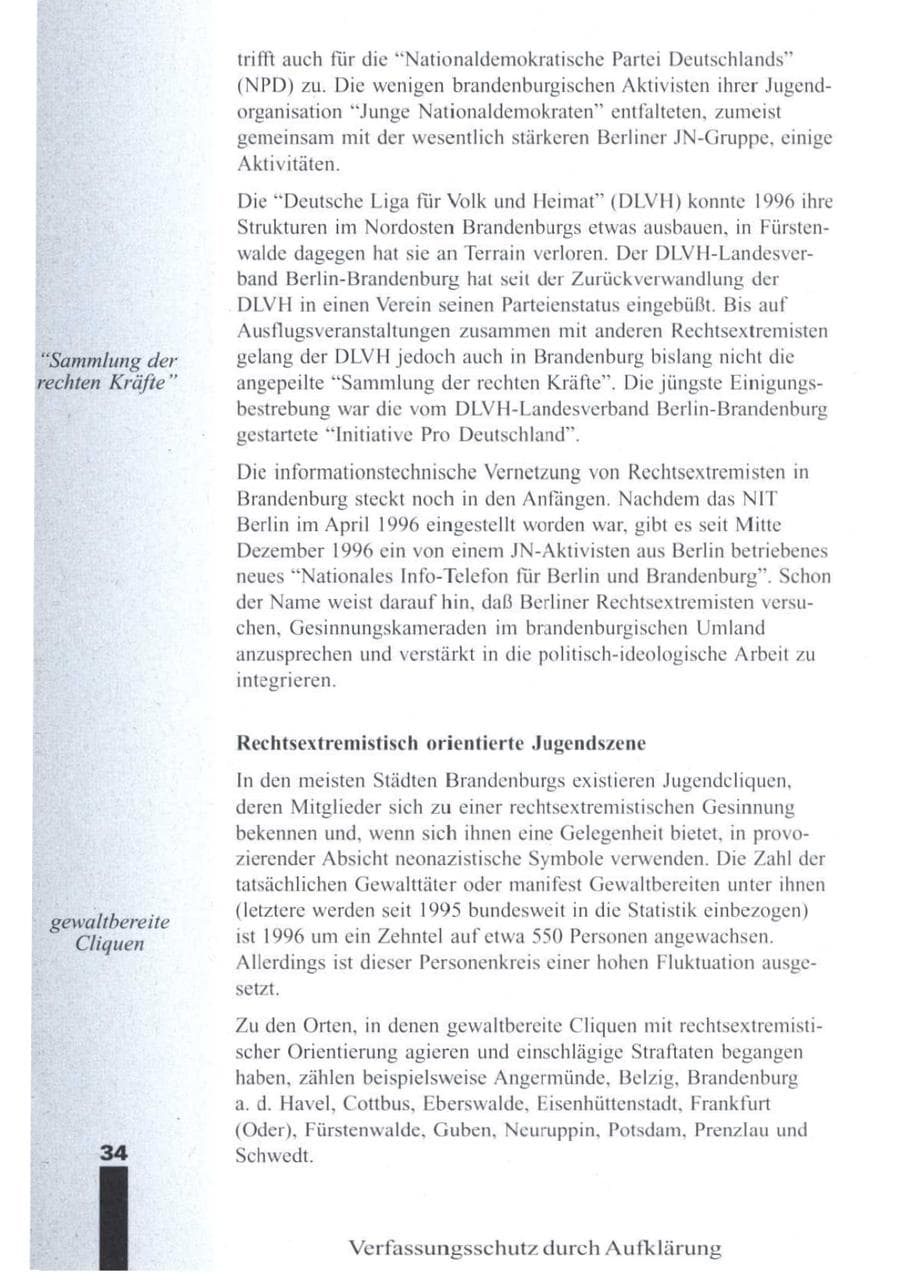 Seite 36 des Verfassungsschutzbericht 1996 Brandenburg