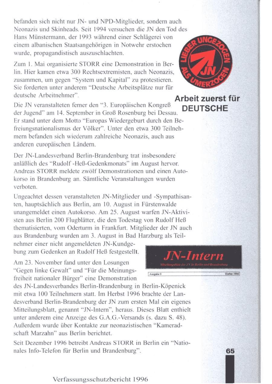 Seite 67 des Verfassungsschutzbericht 1996 Brandenburg