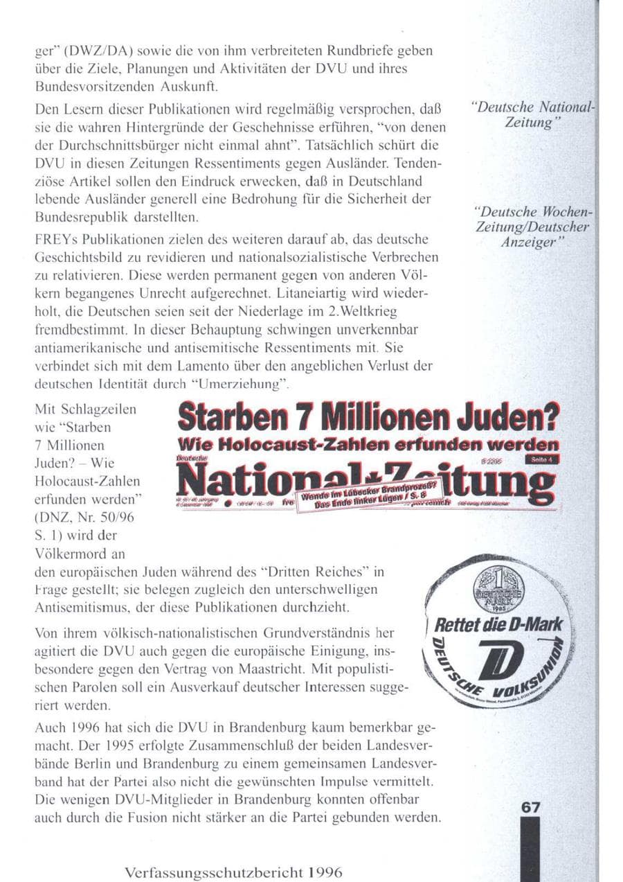 Seite 69 des Verfassungsschutzbericht 1996 Brandenburg