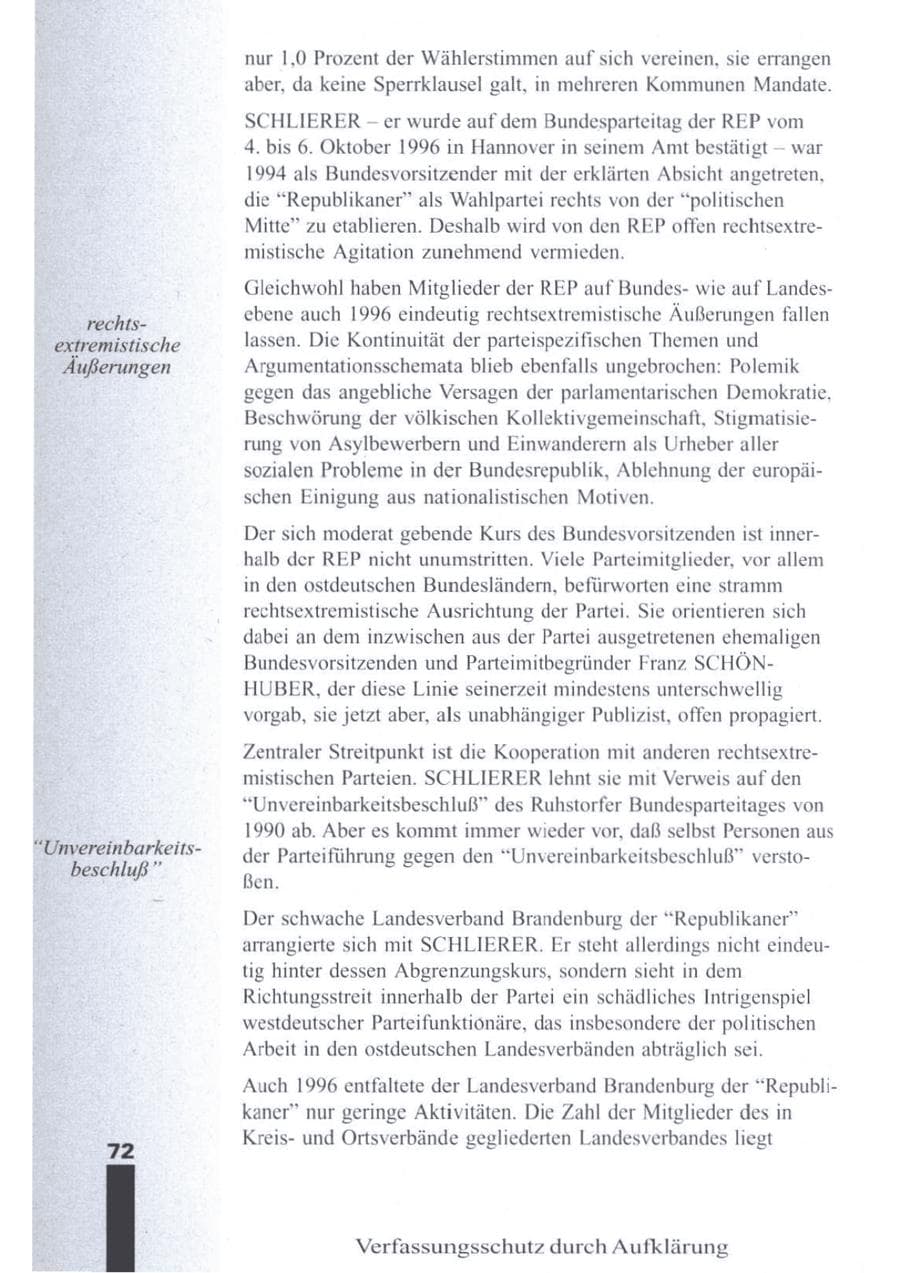 Seite 74 des Verfassungsschutzbericht 1996 Brandenburg